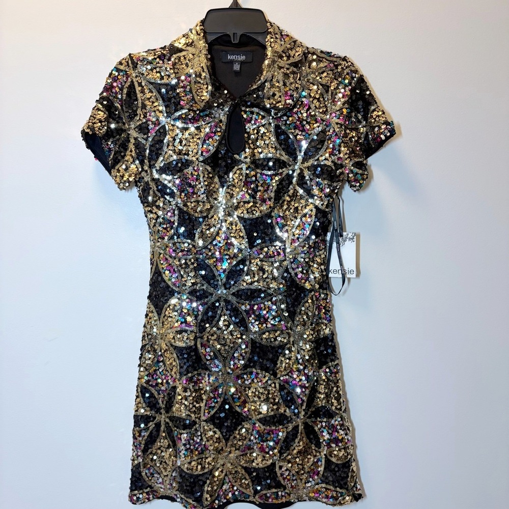Kensie Women Gold Black Sequin Floral Mini Dress Size 0 New With Tags